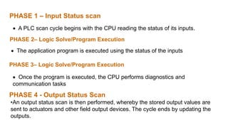 PHASE 1 –Input Status scan 
A PLC scan cycle begins with the CPU reading the status of its inputs. 
PHASE 2–Logic Solve/Program Execution 
The application program is executed using the status of the inputs 
PHASE 3–Logic Solve/Program Execution 
Once the program is executed, the CPU performs diagnostics and communication tasks 
PHASE 4 -Output Status Scan 
•An output status scan is then performed, whereby the stored output values are sent to actuators and other field output devices. The cycle ends by updating the outputs.  