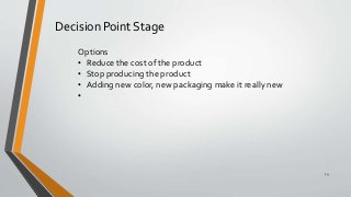 19
Decision Point Stage
Options
• Reduce the cost of the product
• Stop producing the product
• Adding new color, new packaging make it really new
•
 