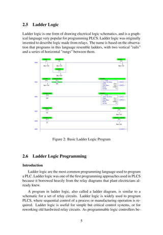 2.5 Ladder Logic
Ladder logic is one form of drawing electrical logic schematics, and is a graph-
ical language very popular for programming PLCS. Ladder logic was originally
invented to describe logic made from relays. The name is based on the observa-
tion that programs in this language resemble ladders, with two vertical ”rails”
and a series of horizontal ”rungs” between them.
Figure 2: Basic Ladder Logic Program
2.6 Ladder Logic Programming
Introduction
Ladder logic are the most common programming language used to program
a PLC. Ladder logic was one of the ﬁrst programming approaches used in PLCS
because it borrowed heavily from the relay diagrams that plant electricians al-
ready knew.
A program in ladder logic, also called a ladder diagram, is similar to a
schematic for a set of relay circuits. Ladder logic is widely used to program
PLCS, where sequential control of a process or manufacturing operation is re-
quired. Ladder logic is useful for simple but critical control systems, or for
reworking old hardwired relay circuits. As programmable logic controllers be-
5
 