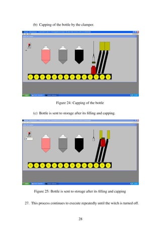 (b) Capping of the bottle by the clamper.
Figure 24: Capping of the bottle
(c) Bottle is sent to storage after its ﬁlling and capping.
Figure 25: Bottle is sent to storage after its ﬁlling and capping
27. This process continues to execute repeatedly until the witch is turned off.
28
 