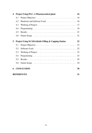 4 Project Using PLC: A Pharmaceutical plant 16
4.1 Project Objective: . . . . . . . . . . . . . . . . . . . . . . . . . 16
4.2 Hardware and Software Used: . . . . . . . . . . . . . . . . . . 16
4.3 Working of Project: . . . . . . . . . . . . . . . . . . . . . . . . 17
4.4 Programming: . . . . . . . . . . . . . . . . . . . . . . . . . . . 18
4.5 Results . . . . . . . . . . . . . . . . . . . . . . . . . . . . . . . 21
4.6 Future Scope . . . . . . . . . . . . . . . . . . . . . . . . . . . 21
5 Project Using SCADA:Bottle Filling & Capping Station 22
5.1 Project Objective: . . . . . . . . . . . . . . . . . . . . . . . . . 22
5.2 Software Used: . . . . . . . . . . . . . . . . . . . . . . . . . . 22
5.3 Working of Project: . . . . . . . . . . . . . . . . . . . . . . . . 23
5.4 Programming . . . . . . . . . . . . . . . . . . . . . . . . . . . 23
5.5 Results . . . . . . . . . . . . . . . . . . . . . . . . . . . . . . . 29
5.6 Future Scope . . . . . . . . . . . . . . . . . . . . . . . . . . . 29
6 CONCLUSION 30
REFERENCES 31
iv
 