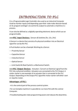 Plc Introduction Stage Examples PLC & SCADA | DOCX