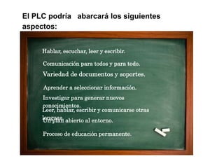 El PLC podría abarcará los siguientes
aspectos:
Hablar, escuchar, leer y escribir.
Comunicación para todos y para todo.
Variedad de documentos y soportes.
Aprender a seleccionar información.
Investigar para generar nuevos
conocimientos.
Leer, hablar, escribir y comunicarse otras
lenguas.Un plan abierto al entorno.
Proceso de educación permanente.
 