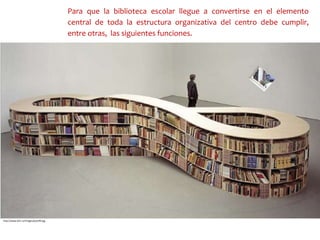 Para que la biblioteca escolar llegue a convertirse en el elemento
central de toda la estructura organizativa del centro debe cumplir,
entre otras, las siguientes funciones.
http://www.dvir.ru/Images/pass99.jpg
 