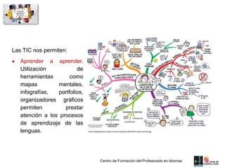 Centro de Formación del Profesorado en Idiomas
Las TIC nos permiten:
 Aprender a aprender.
Utilización de
herramientas como
mapas mentales,
infografías, portfolios,
organizadores gráficos
permiten prestar
atención a los procesos
de aprendizaje de las
lenguas. http://bloghoptoys.es/wp-content/uploads/2016/03/mapa-mental.jpg
 