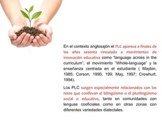 En el contexto anglosajón el PLC aparece a finales de
los años sesenta vinculado a movimientos de
innovación educativa como “language across in the
curriculum”, el movimiento “Whole-language” y la
enseñanza centrada en el estudiante ( Maybin,
1985; Corson, 1990, 199; May, 1997; Crowhurt,
1994).
Los PLC surgen especialmente relacionados con los
retos que conllevan el bilingüismo o el plurilingüismo
social o educativo, tanto en comunidades con
lenguas cooficiales como en otras zonas con
diferentes variedades dialectales.
 