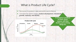 What is Product Life Cycle?
 The course of a product’s sales and profits over its lifetime.
 It involves five distinct stages: product development, introduction,
growth, maturity, and decline.
A company’s products
are born, grow,
mature, and then
decline, just as living
things do.
 