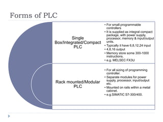 Forms of PLC
Single
Box/Integrated/Compact
PLC
Rack mounted/Modular
PLC
• For small programmable
controllers
• It is supplied as integral compact
package, with power supply,
processor, memory & input/output
units.
• Typically it have 6,8,12,24 input
• 4,8,16 output
• Memory store some 300-1000
instructions.
• e.g. MELSEC FX3U
• For all sizing of programming
controller.
• Separate modules for power
supply, processor, input/output
etc.
• Mounted on rails within a metal
cabinet.
• e.g.SIMATIC S7-300/400.
 