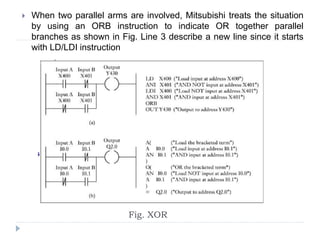  When two parallel arms are involved, Mitsubishi treats the situation
by using an ORB instruction to indicate OR together parallel
branches as shown in Fig. Line 3 describe a new line since it starts
with LD/LDI instruction
Fig. XOR
 