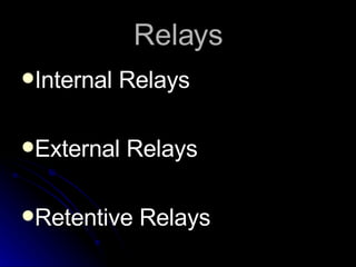 Relays <ul><li>Internal Relays </li></ul><ul><li>External Relays </li></ul><ul><li>Retentive Relays </li></ul>