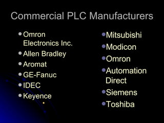 Commercial PLC Manufacturers Omron Electronics Inc. Allen Bradley Aromat GE-Fanuc IDEC Keyence Mitsubishi Modicon Omron Automation Direct Siemens Toshiba 