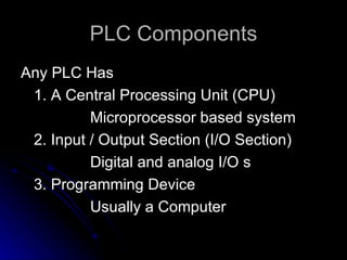 PLC Components <ul><li>Any PLC Has </li></ul><ul><li>1. A Central Processing Unit (CPU) </li></ul><ul><li>Microprocessor b...
