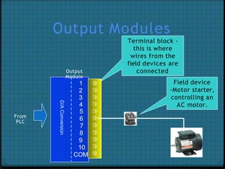 Output Modules
From
PLC
Terminal block -
this is where
wires from the
field devices are
connected
Field device
-Motor starter,
controlling an
AC motor.
1
2
3
4
5
6
7
8
9
10
COM
D/A
Conversion
Output
Module
 