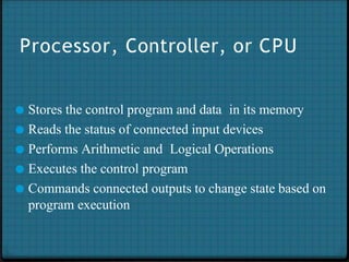 Processor, Controller, or CPU
● Stores the control program and data in its memory
● Reads the status of connected input devices
● Performs Arithmetic and Logical Operations
● Executes the control program
● Commands connected outputs to change state based on
program execution
 