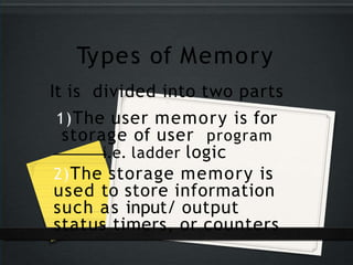 Types of Memory
It is divided into two parts
:
1)The user memory is for
storage of user program
i.e. ladder logic
2)The storage memory is
used to store information
such as input/ output
status timers, or counters
 