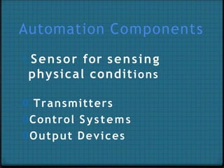 Automation Components
0 Sensor for sensing
physical conditions
0 Transmitters
0Control Systems
0Output Devices
 