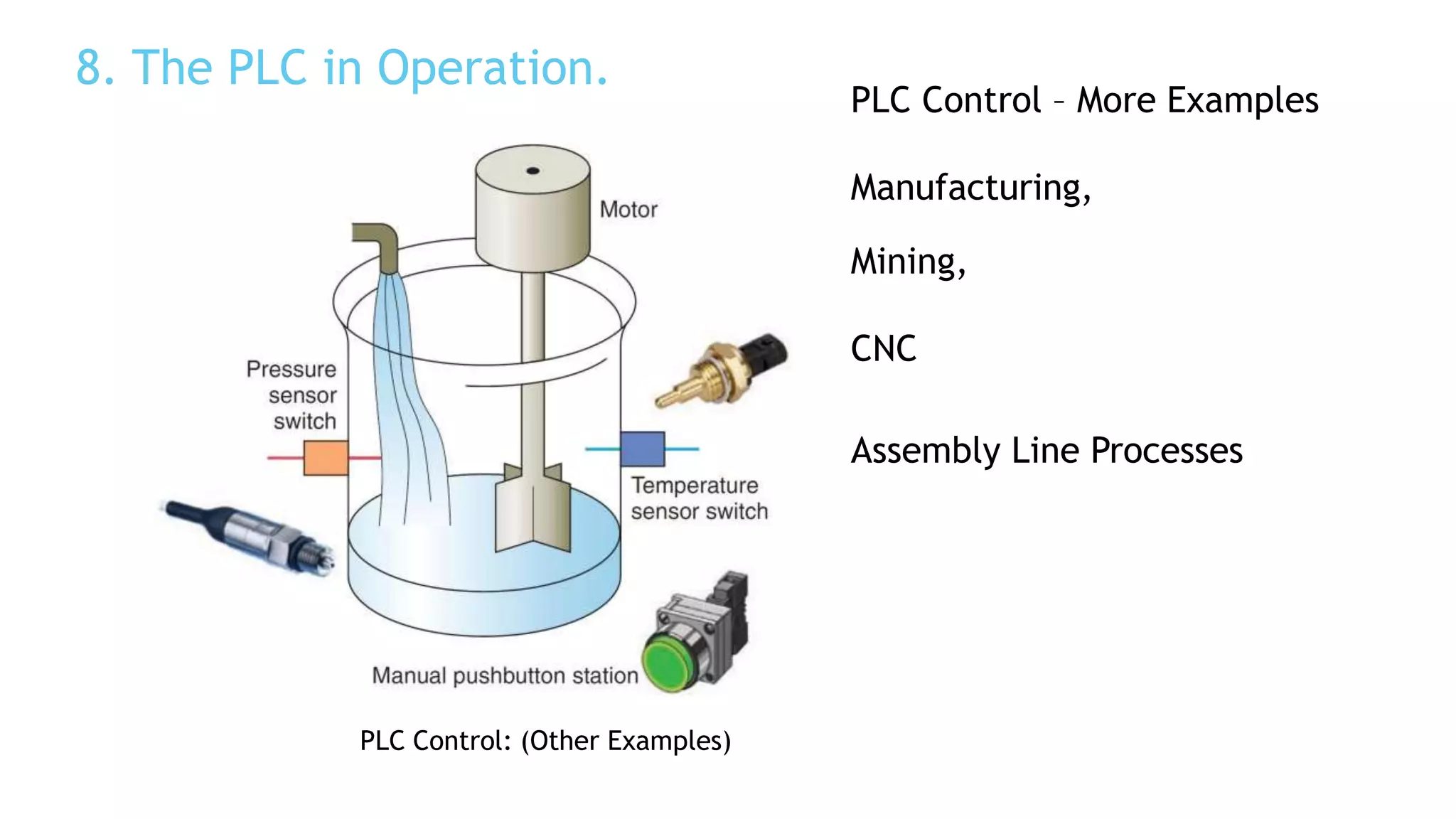 8. The PLC in Operation.
PLC Control – More Examples
Manufacturing,
Mining,
CNC
Assembly Line Processes
PLC Control: (Other Examples)
 