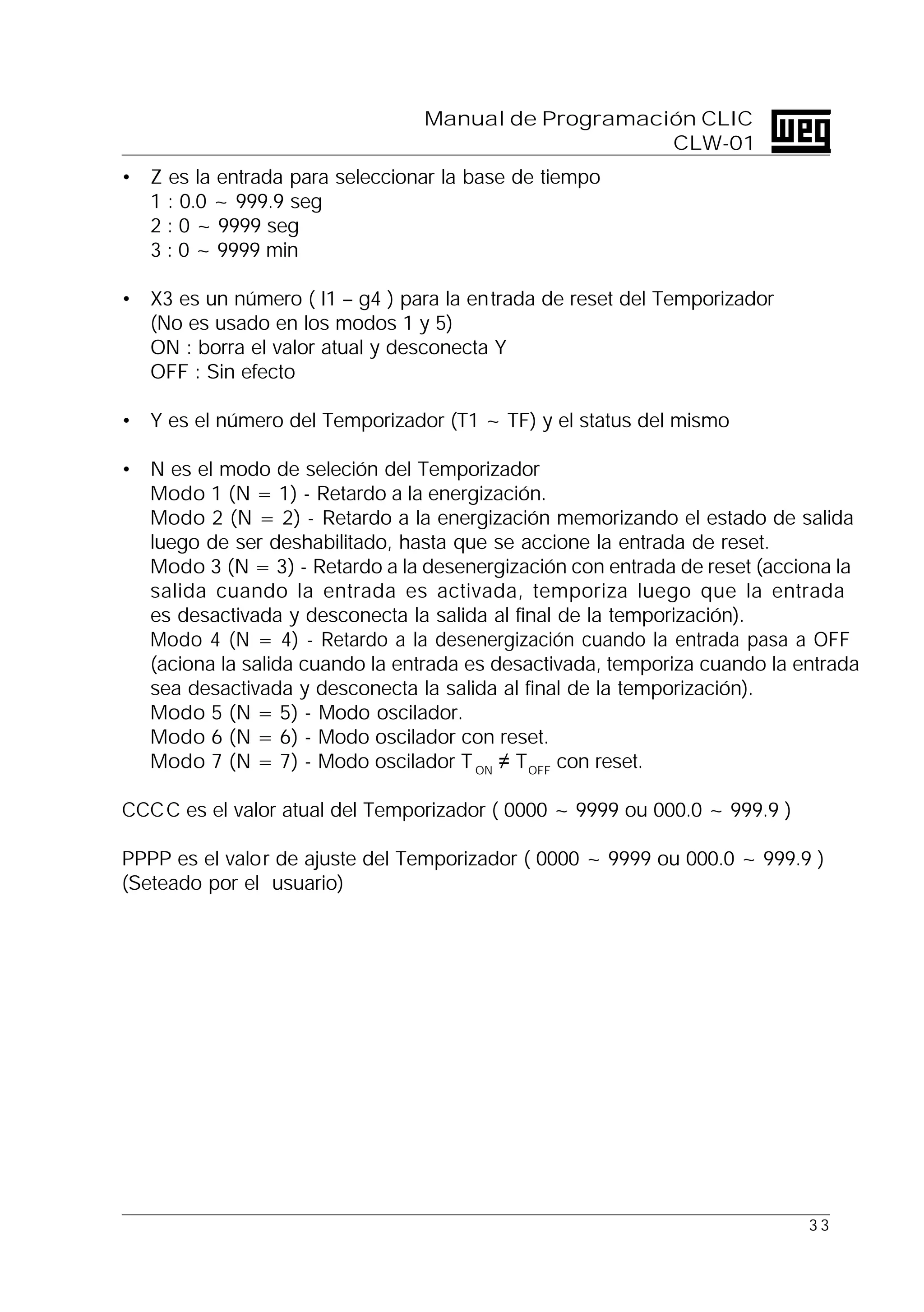 3 3
Manual de Programación CLIC
CLW-01
• Z es la entrada para seleccionar la base de tiempo
1 : 0.0 ~ 999.9 seg
2 : 0 ~ 9999 seg
3 : 0 ~ 9999 min
• X3 es un número ( I1 – g4 ) para la entrada de reset del Temporizador
(No es usado en los modos 1 y 5)
ON : borra el valor atual y desconecta Y
OFF : Sin efecto
• Y es el número del Temporizador (T1 ~ TF) y el status del mismo
• N es el modo de seleción del Temporizador
Modo 1 (N = 1) - Retardo a la energización.
Modo 2 (N = 2) - Retardo a la energización memorizando el estado de salida
luego de ser deshabilitado, hasta que se accione la entrada de reset.
Modo 3 (N = 3) - Retardo a la desenergización con entrada de reset (acciona la
salida cuando la entrada es activada, temporiza luego que la entrada
es desactivada y desconecta la salida al final de la temporización).
Modo 4 (N = 4) - Retardo a la desenergización cuando la entrada pasa a OFF
(aciona la salida cuando la entrada es desactivada, temporiza cuando la entrada
sea desactivada y desconecta la salida al final de la temporización).
Modo 5 (N = 5) - Modo oscilador.
Modo 6 (N = 6) - Modo oscilador con reset.
Modo 7 (N = 7) - Modo oscilador TON
≠ TOFF
con reset.
CCCC es el valor atual del Temporizador ( 0000 ~ 9999 ou 000.0 ~ 999.9 )
PPPP es el valor de ajuste del Temporizador ( 0000 ~ 9999 ou 000.0 ~ 999.9 )
(Seteado por el usuario)
 