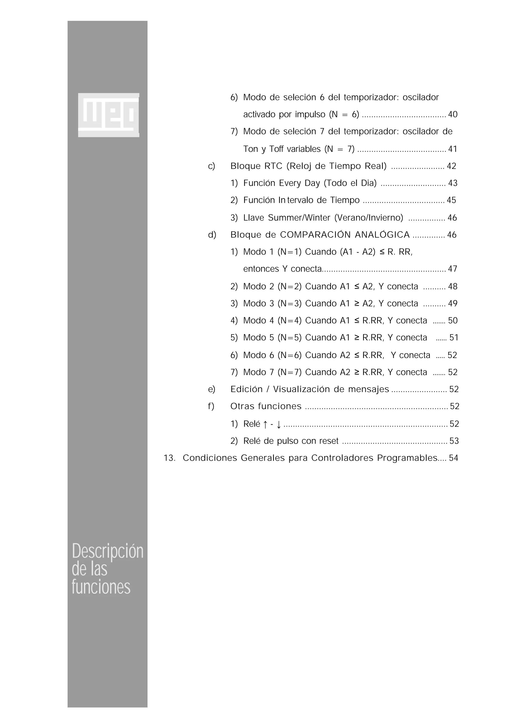 Descripción
de las
funciones
6) Modo de seleción 6 del temporizador: oscilador
activado por impulso (N = 6) .................................... 40
7) Modo de seleción 7 del temporizador: oscilador de
Ton y Toff variables (N = 7) ...................................... 41
c) Bloque RTC (Reloj de Tiempo Real) ....................... 42
1) Función Every Day (Todo el Dia) ............................ 43
2) Función In tervalo de Tiempo ................................... 45
3) Llave Summer/Winter (Verano/Invierno) ................ 46
d) Bloque de COMPARACIÓN ANALÓGICA .............. 46
1) Modo 1 (N=1) Cuando (A1 - A2) ≤ R. RR,
entonces Y conecta..................................................... 47
2) Modo 2 (N=2) Cuando A1 ≤ A2, Y conecta .......... 48
3) Modo 3 (N=3) Cuando A1 ≥ A2, Y conecta .......... 49
4) Modo 4 (N=4) Cuando A1 ≤ R.RR, Y conecta ....... 50
5) Modo 5 (N=5) Cuando A1 ≥ R.RR, Y conecta ...... 51
6) Modo 6 (N=6) Cuando A2 ≤ R.RR, Y conecta ..... 52
7) Modo 7 (N=7) Cuando A2 ≥ R.RR, Y conecta ....... 52
e) Edición / Visualización de mensajes ........................ 52
f) Otras funciones ............................................................. 52
1) Relé ↑ - ↓ ...................................................................... 52
2) Relé de pulso con reset ............................................. 53
13. Condiciones Generales para Controladores Programables.... 54
 