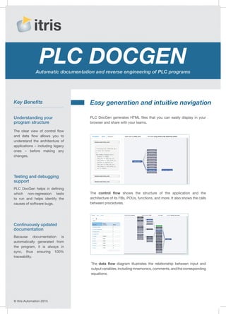 PLC DocGenAutomatic documentation and reverse engineering of PLC programs
© Itris Automation 2015
PLC DocGen generates HTML files that you can easily display in your
browser and share with your teams.
The control flow shows the structure of the application and the
architecture of its FBs, POUs, functions, and more. It also shows the calls
between procedures.
The data flow diagram illustrates the relationship between input and
output variables, including mnemonics, comments, and the corresponding
equations.
The clear view of control flow
and data flow allows you to
understand the architecture of
applications – including legacy
ones – before making any
changes.
PLC DocGen helps in defining
which non-regression tests
to run and helps identify the
causes of software bugs.
Because documentation is
automatically generated from
the program, it is always in
sync, thus ensuring 100%
traceability.
Easy generation and intuitive navigation
Understanding your
program structure
Key Benefits
Testing and debugging
support
Continuously updated
documentation
 