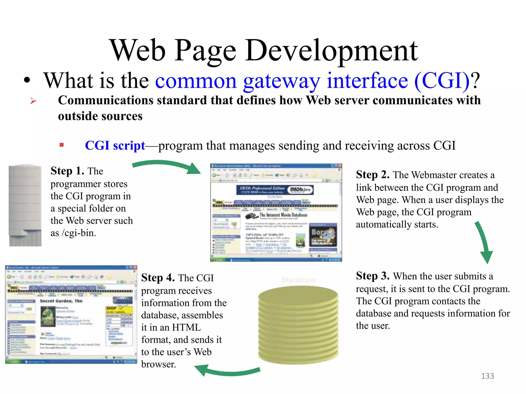 Web Page Development
• What is the common gateway interface (CGI)?
 Communications standard that defines how Web server communicates with
outside sources
Step 3. When the user submits a
request, it is sent to the CGI program.
The CGI program contacts the
database and requests information for
the user.
Step 1. The
programmer stores
the CGI program in
a special folder on
the Web server such
as /cgi-bin.
Step 2. The Webmaster creates a
link between the CGI program and
Web page. When a user displays the
Web page, the CGI program
automatically starts.
Step 4. The CGI
program receives
information from the
database, assembles
it in an HTML
format, and sends it
to the user’s Web
browser.
Database
 CGI script—program that manages sending and receiving across CGI
133
 