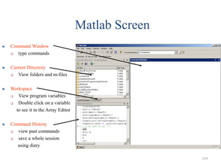 Matlab Screen
 Command Window
 type commands
 Current Directory
 View folders and m-files
 Workspace
 View program variables
 Double click on a variable
to see it in the Array Editor
 Command History
 view past commands
 save a whole session
using diary
124
 
