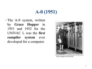 A-0 (1951)
• The A-0 system, written
by Grace Hopper in
1951 and 1952 for the
UNIVAC I, was the first
compiler system ever
developed for a computer.
Joey Paquet, 2010-2013 30Comparative Study of Programming Languages
Grace Hopper and UNIVAC
30
 