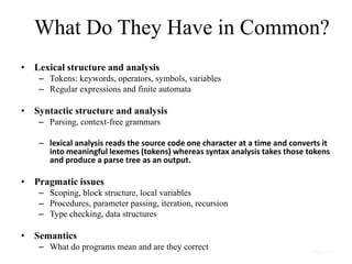 slide 35
What Do They Have in Common?
• Lexical structure and analysis
– Tokens: keywords, operators, symbols, variables
– Regular expressions and finite automata
• Syntactic structure and analysis
– Parsing, context-free grammars
– lexical analysis reads the source code one character at a time and converts it
into meaningful lexemes (tokens) whereas syntax analysis takes those tokens
and produce a parse tree as an output.
• Pragmatic issues
– Scoping, block structure, local variables
– Procedures, parameter passing, iteration, recursion
– Type checking, data structures
• Semantics
– What do programs mean and are they correct
 