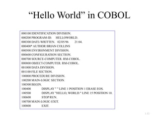 1.53
“Hello World” in COBOL
000100 IDENTIFICATION DIVISION.
000200 PROGRAM-ID. HELLOWORLD.
000300 DATE-WRITTEN. 02/05/96 21:04.
000400* AUTHOR BRIAN COLLINS
000500 ENVIRONMENT DIVISION.
000600 CONFIGURATION SECTION.
000700 SOURCE-COMPUTER. RM-COBOL.
000800 OBJECT-COMPUTER. RM-COBOL.
001000 DATA DIVISION.
001100 FILE SECTION.
100000 PROCEDURE DIVISION.
100200 MAIN-LOGIC SECTION.
100300 BEGIN.
100400 DISPLAY " " LINE 1 POSITION 1 ERASE EOS.
100500 DISPLAY "HELLO, WORLD." LINE 15 POSITION 10.
100600 STOP RUN.
100700 MAIN-LOGIC-EXIT.
100800 EXIT.
 