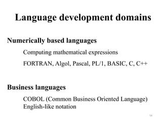 Language development domains
Numerically based languages
Computing mathematical expressions
FORTRAN, Algol, Pascal, PL/1, BASIC, C, C++
Business languages
COBOL (Common Business Oriented Language)
English-like notation
54
 