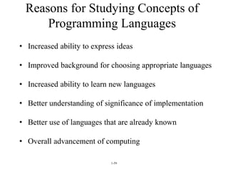 1-59
Reasons for Studying Concepts of
Programming Languages
• Increased ability to express ideas
• Improved background for choosing appropriate languages
• Increased ability to learn new languages
• Better understanding of significance of implementation
• Better use of languages that are already known
• Overall advancement of computing
 