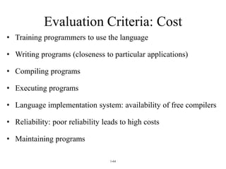 1-64
Evaluation Criteria: Cost
• Training programmers to use the language
• Writing programs (closeness to particular applications)
• Compiling programs
• Executing programs
• Language implementation system: availability of free compilers
• Reliability: poor reliability leads to high costs
• Maintaining programs
 