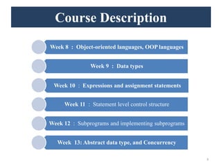 Week 8 : Object-oriented languages, OOP languages
Week 9 : Data types
Week 10 : Expressions and assignment statements
Week 11 : Statement level control structure
Week 12 : Subprograms and implementing subprograms
Week 13: Abstract data type, and Concurrency
8
Course Description
 