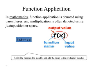 47
Function Application
In mathematics, function application is denoted using
parentheses, and multiplication is often denoted using
juxtaposition or space.
f(a,b) + c d
Apply the function f to a and b, and add the result to the product of c and d.
 