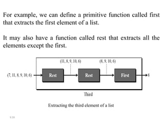 9.59
For example, we can define a primitive function called first
that extracts the first element of a list.
It may also have a function called rest that extracts all the
elements except the first.
Extracting the third element of a list
 