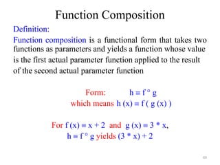 Function Composition
Definition:
Function composition is a functional form that takes two
functions as parameters and yields a function whose value
is the first actual parameter function applied to the result
of the second actual parameter function
Form: h  f ° g
which means h (x)  f ( g (x) )
For f (x)  x + 2 and g (x)  3 * x,
h  f ° g yields (3 * x) + 2
69
 