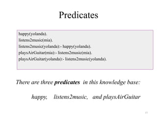 Predicates
happy(yolanda).
listens2music(mia).
listens2music(yolanda):- happy(yolanda).
playsAirGuitar(mia):- listens2music(mia).
playsAirGuitar(yolanda):- listens2music(yolanda).
There are three predicates in this knowledge base:
happy, listens2music, and playsAirGuitar
15
 