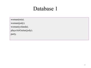 Database 1
woman(mia).
woman(jody).
woman(yolanda).
playsAirGuitar(jody).
party.
45
 