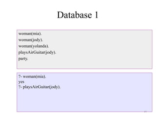 Database 1
woman(mia).
woman(jody).
woman(yolanda).
playsAirGuitar(jody).
party.
?- woman(mia).
yes
?- playsAirGuitar(jody).
49
 