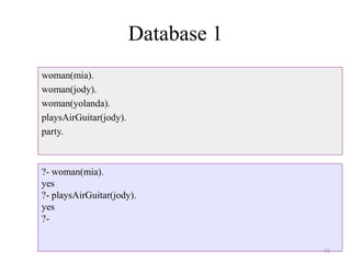 Database 1
woman(mia).
woman(jody).
woman(yolanda).
playsAirGuitar(jody).
party.
?- woman(mia).
yes
?- playsAirGuitar(jody).
yes
?-
50
 