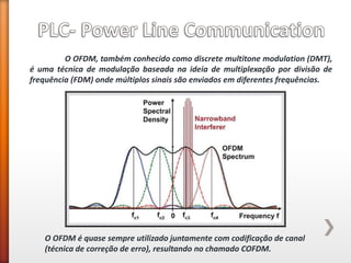 O OFDM, também conhecido como discrete multitone modulation (DMT), é uma técnica de modulação baseada na ideia de multiplexação por divisão de frequência (FDM) onde múltiplos sinais são enviados em diferentes frequências. 
O OFDM é quase sempre utilizado juntamente com codificação de canal (técnica de correção de erro), resultando no chamado COFDM.  