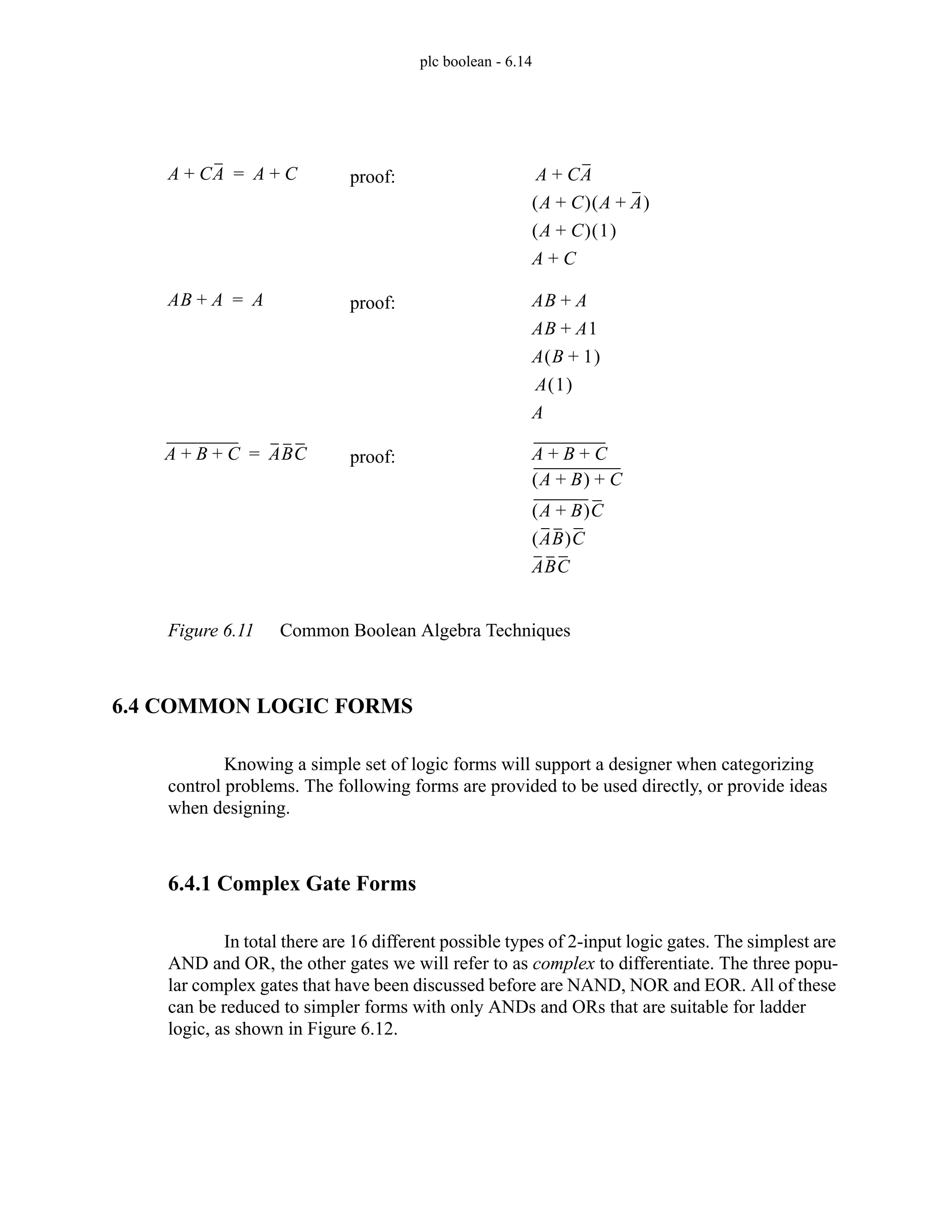plc boolean - 6.14
Figure 6.11 Common Boolean Algebra Techniques
6.4 COMMON LOGIC FORMS
Knowing a simple set of logic forms will support a designer when categorizing
control problems. The following forms are provided to be used directly, or provide ideas
when designing.
6.4.1 Complex Gate Forms
In total there are 16 different possible types of 2-input logic gates. The simplest are
AND and OR, the other gates we will refer to as complex to differentiate. The three popu-
lar complex gates that have been discussed before are NAND, NOR and EOR. All of these
can be reduced to simpler forms with only ANDs and ORs that are suitable for ladder
logic, as shown in Figure 6.12.
A CA
+ A C
+
= proof: A CA
+
A C
+
( ) A A
+
( )
A C
+
( ) 1
( )
A C
+
AB A
+ A
= proof: AB A
+
AB A1
+
A B 1
+
( )
A 1
( )
A
A B C
+ + ABC
= proof: A B C
+ +
A B
+
( ) C
+
A B
+
( )C
AB
( )C
ABC
 