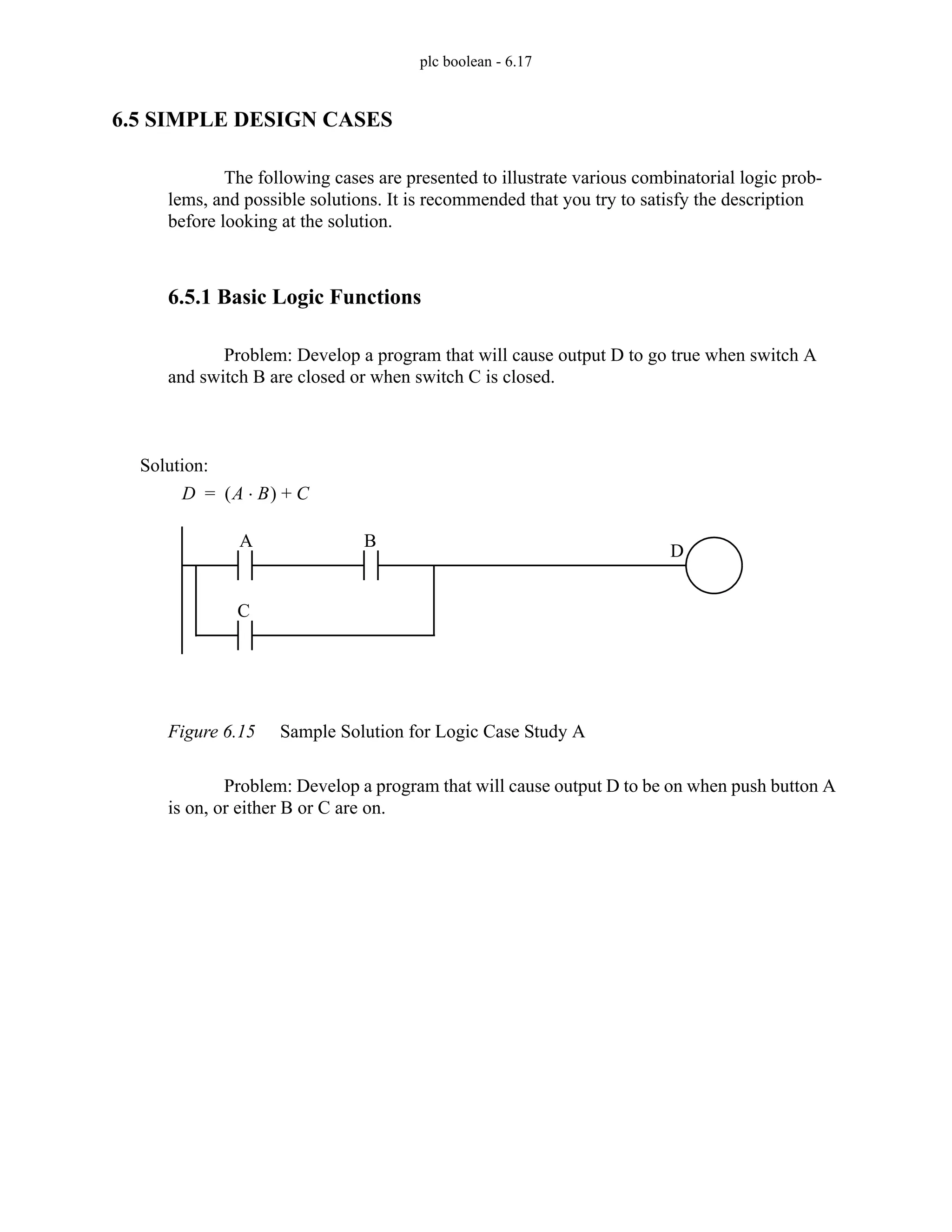 plc boolean - 6.17
6.5 SIMPLE DESIGN CASES
The following cases are presented to illustrate various combinatorial logic prob-
lems, and possible solutions. It is recommended that you try to satisfy the description
before looking at the solution.
6.5.1 Basic Logic Functions
Problem: Develop a program that will cause output D to go true when switch A
and switch B are closed or when switch C is closed.
Figure 6.15 Sample Solution for Logic Case Study A
Problem: Develop a program that will cause output D to be on when push button A
is on, or either B or C are on.
D
C
A B
Solution:
D A B
⋅
( ) C
+
=
 