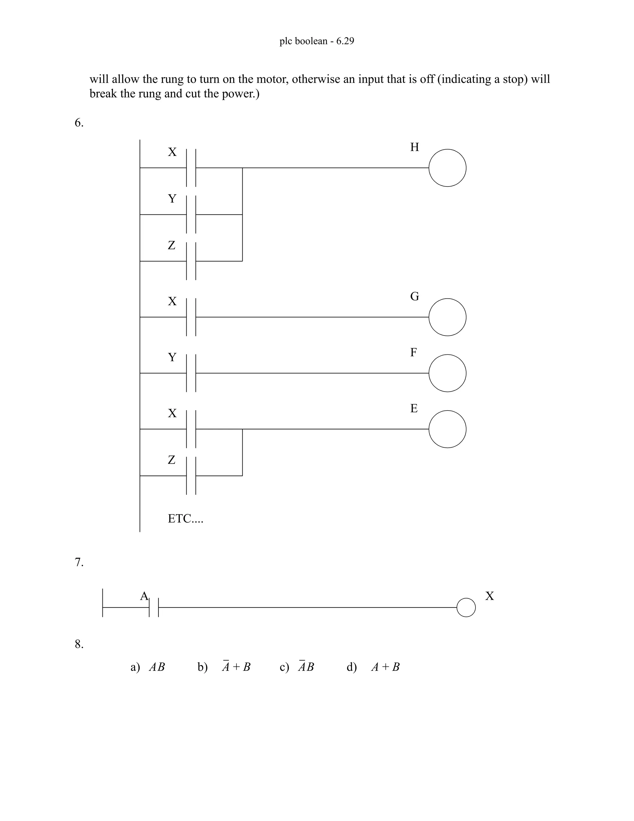plc boolean - 6.29
will allow the rung to turn on the motor, otherwise an input that is off (indicating a stop) will
break the rung and cut the power.)
6.
7.
8.
X
Y
Z
H
X G
Y F
X
Z
E
ETC....
A X
a) AB b) A B
+ c) AB d) A B
+
 