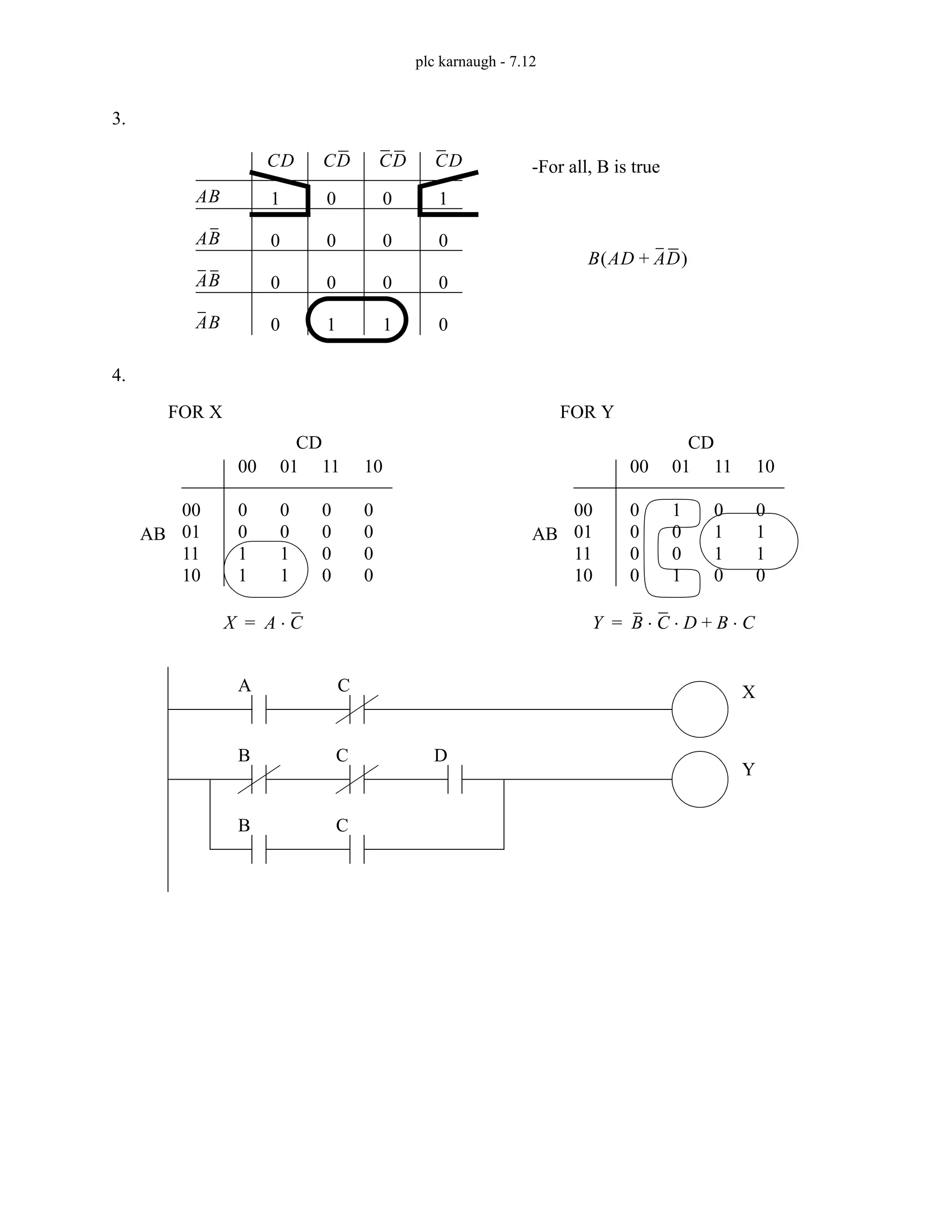 plc karnaugh - 7.12
3.
4.
AB
AB
AB
AB
CD CD CD CD
1
0
0
0
0
0
0
1
0
0
0
1
1
0
0
0
-For all, B is true
B AD AD
+
( )
00
01
11
10
00
0
0
1
1
01
0
0
1
1
11
0
0
0
0
10
0
0
0
0
AB
CD
FOR X
00
01
11
10
00
0
0
0
0
01
1
0
0
1
11
0
1
1
0
10
0
1
1
0
AB
CD
FOR Y
X A C
⋅
= Y B C D
⋅ ⋅ B C
⋅
+
=
A C X
B C D
B C
Y
 