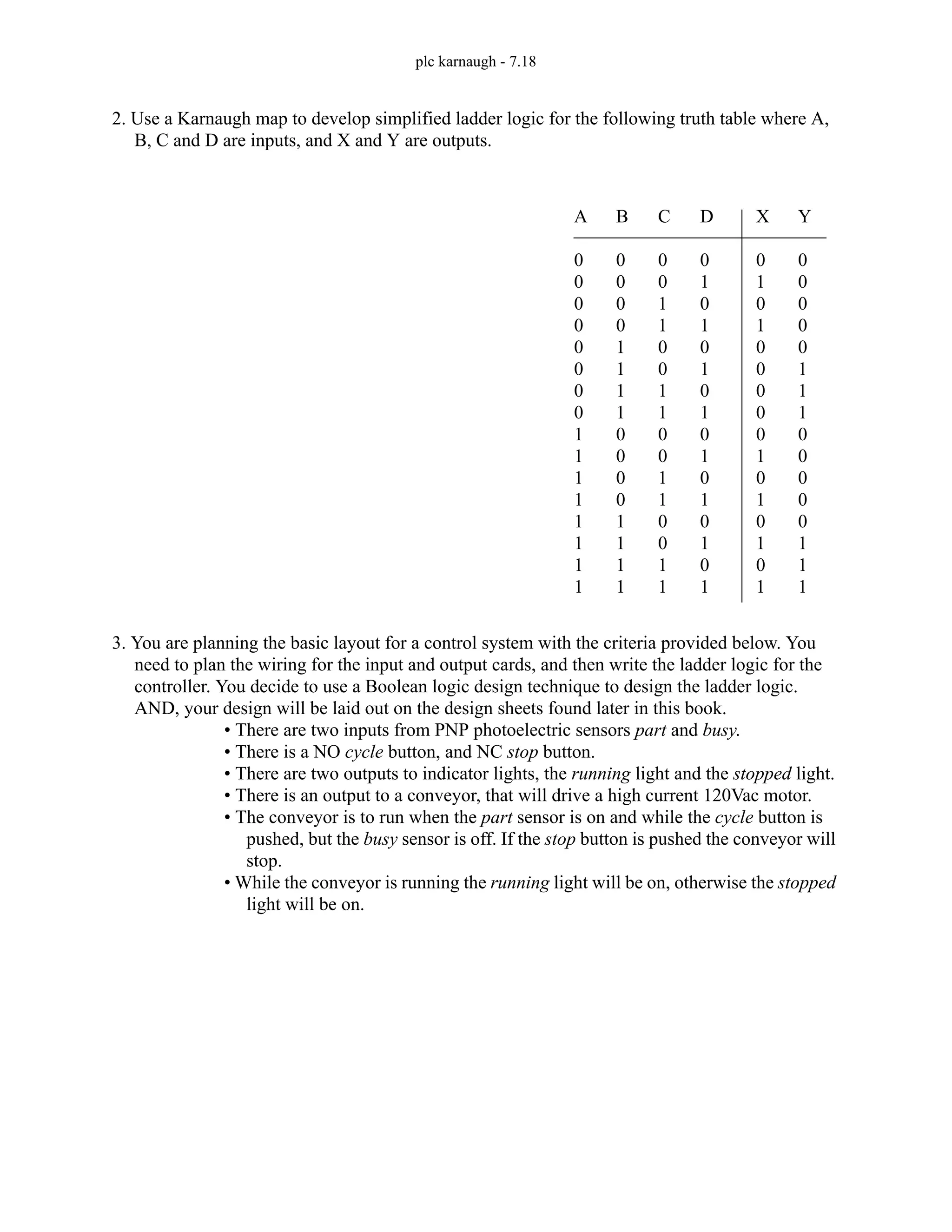 plc karnaugh - 7.18
2. Use a Karnaugh map to develop simplified ladder logic for the following truth table where A,
B, C and D are inputs, and X and Y are outputs.
3. You are planning the basic layout for a control system with the criteria provided below. You
need to plan the wiring for the input and output cards, and then write the ladder logic for the
controller. You decide to use a Boolean logic design technique to design the ladder logic.
AND, your design will be laid out on the design sheets found later in this book.
• There are two inputs from PNP photoelectric sensors part and busy.
• There is a NO cycle button, and NC stop button.
• There are two outputs to indicator lights, the running light and the stopped light.
• There is an output to a conveyor, that will drive a high current 120Vac motor.
• The conveyor is to run when the part sensor is on and while the cycle button is
pushed, but the busy sensor is off. If the stop button is pushed the conveyor will
stop.
• While the conveyor is running the running light will be on, otherwise the stopped
light will be on.
A
0
0
0
0
0
0
0
0
1
1
1
1
1
1
1
1
B
0
0
0
0
1
1
1
1
0
0
0
0
1
1
1
1
C
0
0
1
1
0
0
1
1
0
0
1
1
0
0
1
1
D
0
1
0
1
0
1
0
1
0
1
0
1
0
1
0
1
X
0
1
0
1
0
0
0
0
0
1
0
1
0
1
0
1
Y
0
0
0
0
0
1
1
1
0
0
0
0
0
1
1
1
 