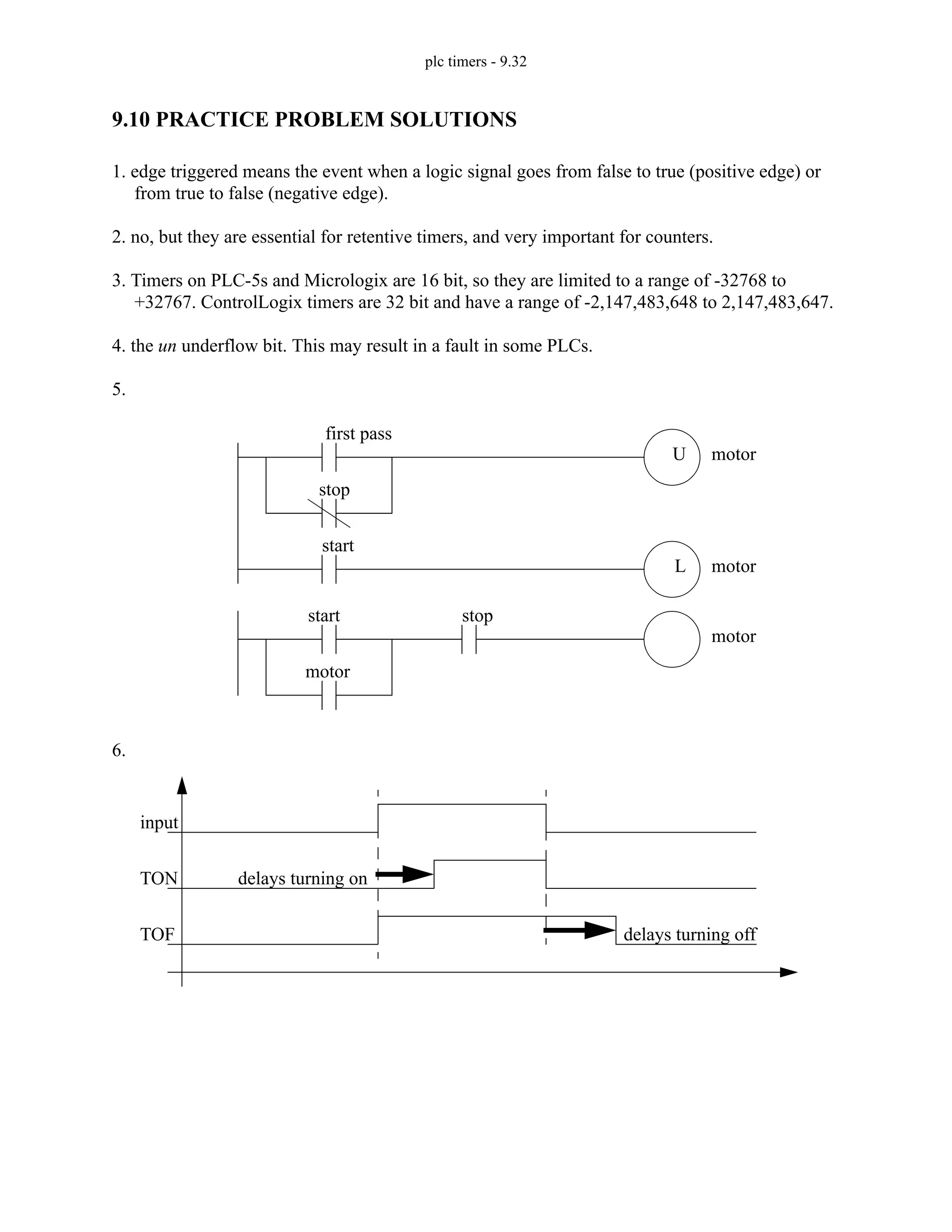 plc timers - 9.32
9.10 PRACTICE PROBLEM SOLUTIONS
1. edge triggered means the event when a logic signal goes from false to true (positive edge) or
from true to false (negative edge).
2. no, but they are essential for retentive timers, and very important for counters.
3. Timers on PLC-5s and Micrologix are 16 bit, so they are limited to a range of -32768 to
+32767. ControlLogix timers are 32 bit and have a range of -2,147,483,648 to 2,147,483,647.
4. the un underflow bit. This may result in a fault in some PLCs.
5.
6.
first pass
stop
start
motor
motor
L
U
start
motor
stop
motor
input
TON
TOF
delays turning on
delays turning off
 