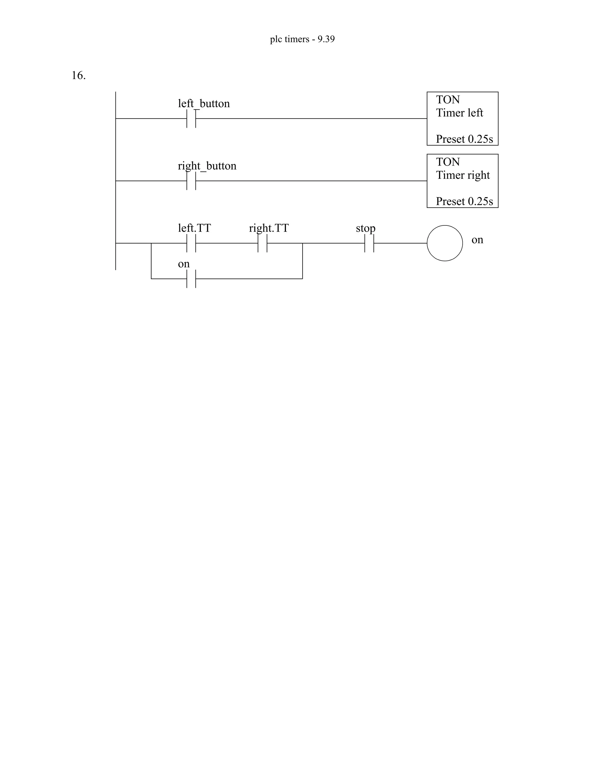 plc timers - 9.39
16.
TON
Timer left
Preset 0.25s
TON
Timer right
Preset 0.25s
left_button
right_button
right.TT
on
on
stop
left.TT
 