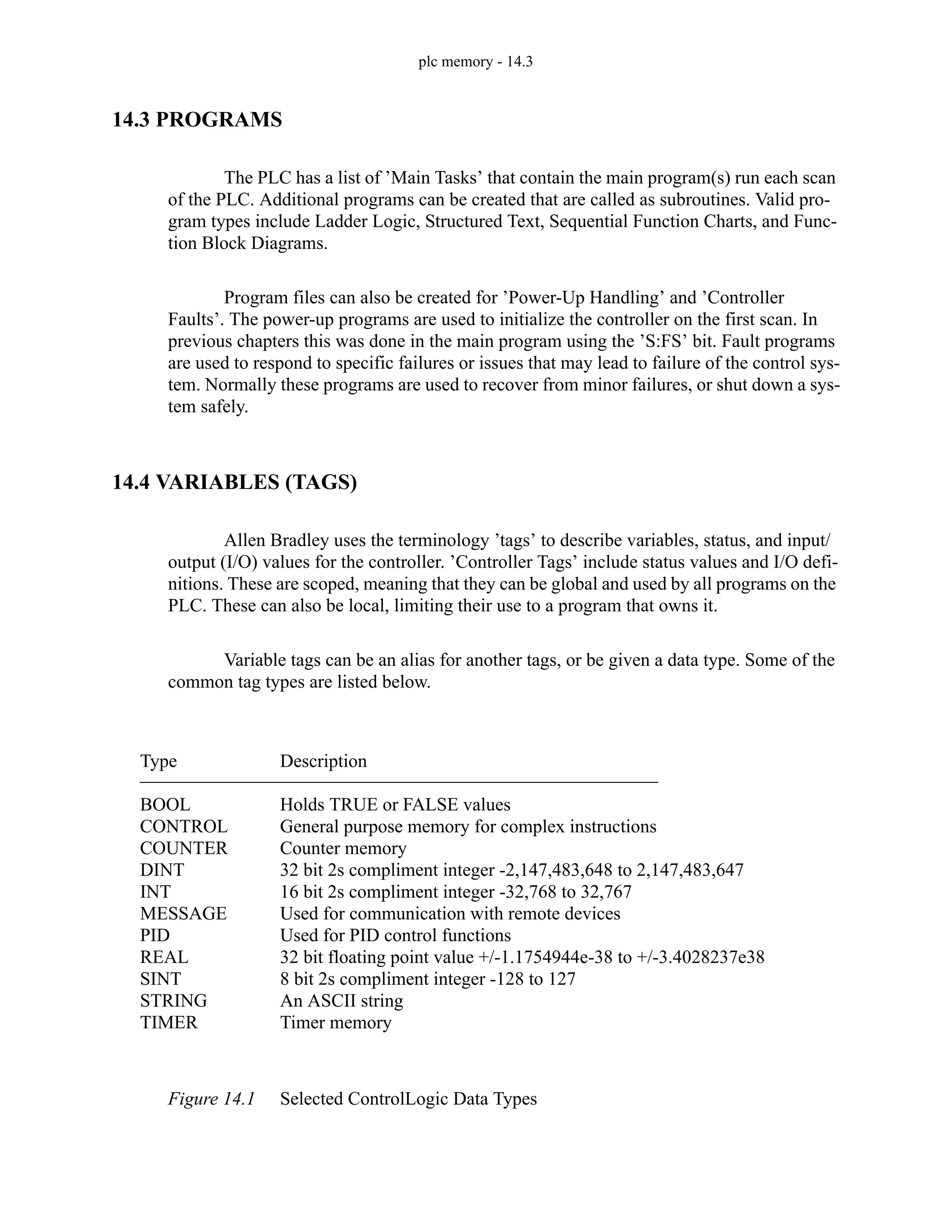 plc memory - 14.3
14.3 PROGRAMS
The PLC has a list of ’Main Tasks’ that contain the main program(s) run each scan
of the PLC. Additional programs can be created that are called as subroutines. Valid pro-
gram types include Ladder Logic, Structured Text, Sequential Function Charts, and Func-
tion Block Diagrams.
Program files can also be created for ’Power-Up Handling’ and ’Controller
Faults’. The power-up programs are used to initialize the controller on the first scan. In
previous chapters this was done in the main program using the ’S:FS’ bit. Fault programs
are used to respond to specific failures or issues that may lead to failure of the control sys-
tem. Normally these programs are used to recover from minor failures, or shut down a sys-
tem safely.
14.4 VARIABLES (TAGS)
Allen Bradley uses the terminology ’tags’ to describe variables, status, and input/
output (I/O) values for the controller. ’Controller Tags’ include status values and I/O defi-
nitions. These are scoped, meaning that they can be global and used by all programs on the
PLC. These can also be local, limiting their use to a program that owns it.
Variable tags can be an alias for another tags, or be given a data type. Some of the
common tag types are listed below.
Figure 14.1 Selected ControlLogic Data Types
Type
BOOL
CONTROL
COUNTER
DINT
INT
MESSAGE
PID
REAL
SINT
STRING
TIMER
Description
Holds TRUE or FALSE values
General purpose memory for complex instructions
Counter memory
32 bit 2s compliment integer -2,147,483,648 to 2,147,483,647
16 bit 2s compliment integer -32,768 to 32,767
Used for communication with remote devices
Used for PID control functions
32 bit floating point value +/-1.1754944e-38 to +/-3.4028237e38
8 bit 2s compliment integer -128 to 127
An ASCII string
Timer memory
 