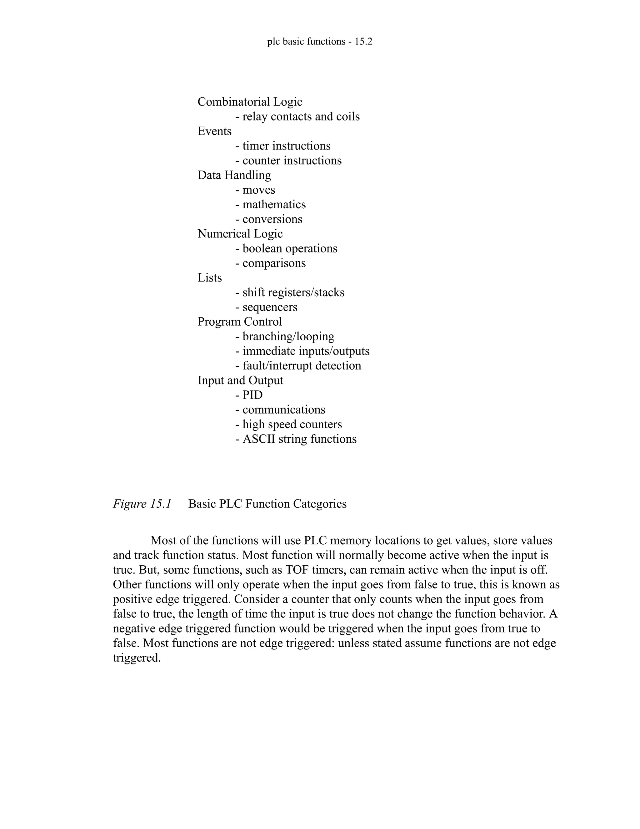 plc basic functions - 15.2
Figure 15.1 Basic PLC Function Categories
Most of the functions will use PLC memory locations to get values, store values
and track function status. Most function will normally become active when the input is
true. But, some functions, such as TOF timers, can remain active when the input is off.
Other functions will only operate when the input goes from false to true, this is known as
positive edge triggered. Consider a counter that only counts when the input goes from
false to true, the length of time the input is true does not change the function behavior. A
negative edge triggered function would be triggered when the input goes from true to
false. Most functions are not edge triggered: unless stated assume functions are not edge
triggered.
Combinatorial Logic
- relay contacts and coils
Events
- timer instructions
- counter instructions
Data Handling
- moves
- mathematics
- conversions
Numerical Logic
- boolean operations
- comparisons
Lists
- shift registers/stacks
- sequencers
Program Control
- branching/looping
- immediate inputs/outputs
- fault/interrupt detection
Input and Output
- PID
- communications
- high speed counters
- ASCII string functions
 